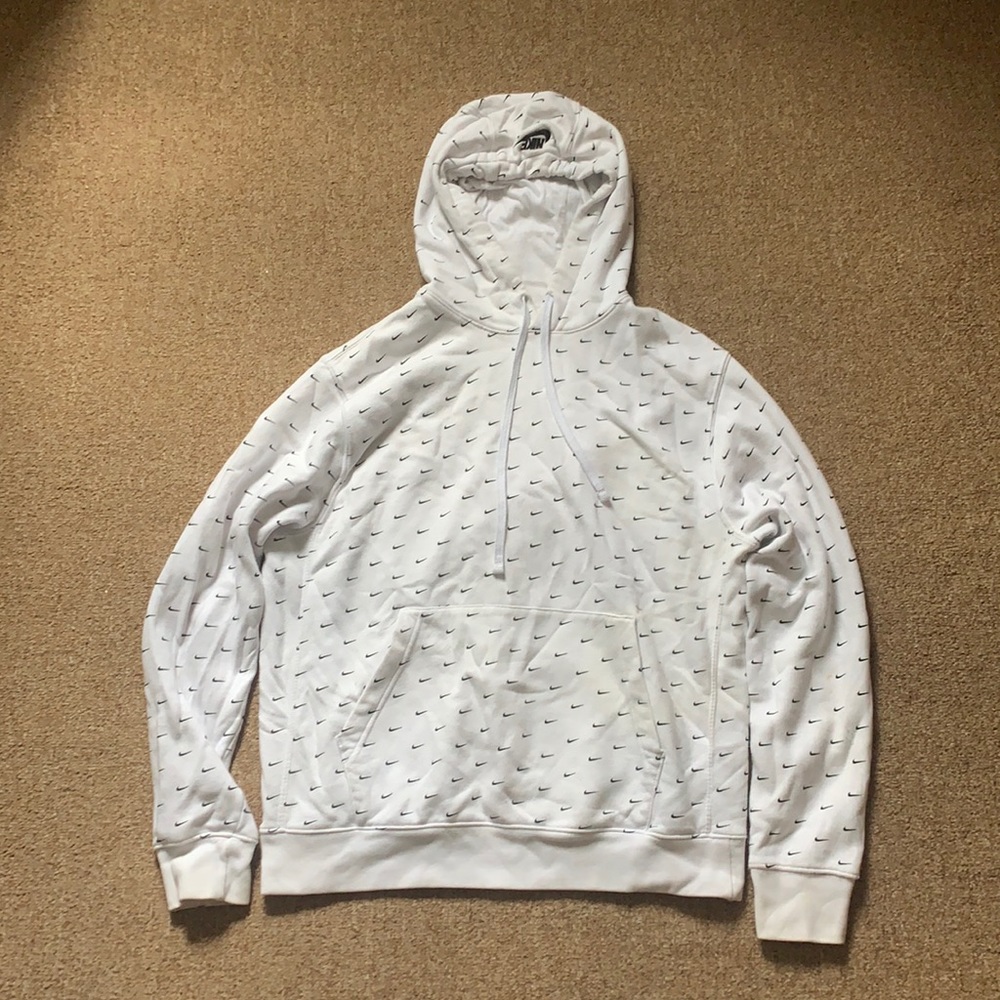 Nike white hoodie with black logo pattern lightly worn